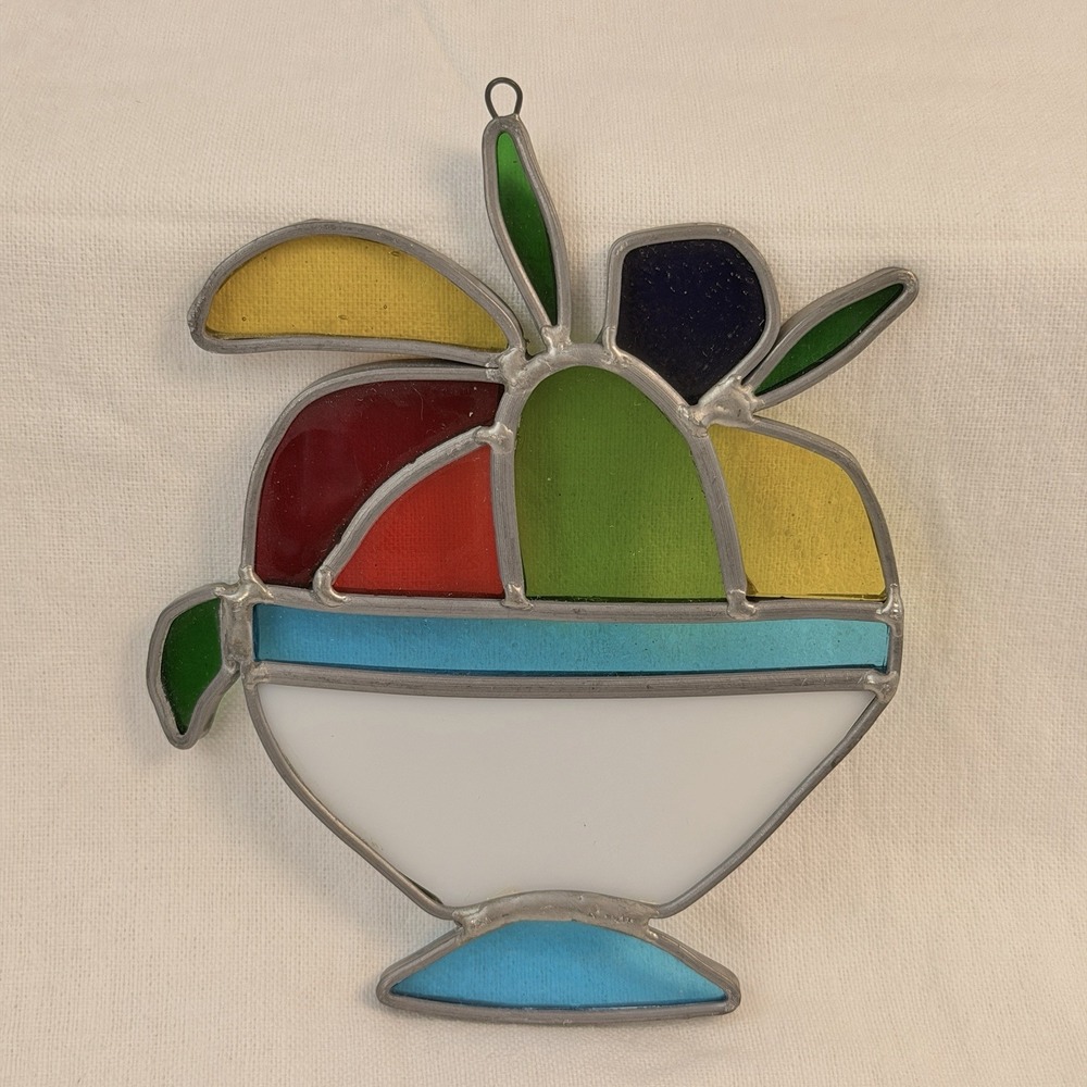 Stained Glass Fruit Bowl Leaded Multicolor Art 4.5"x6.5" Vintage Sun Catcher